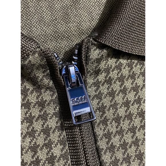 Hugo Boss Men’s Zip-Up Polo Shirt Size Large Brown Houndstooth Print - Picture 9 of 10